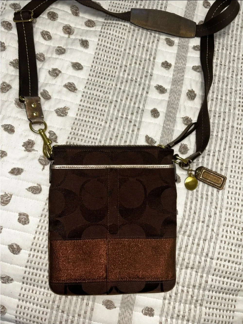 Coach Dark Brown Signature Crossbody Messenger Bag with Metallic Accent